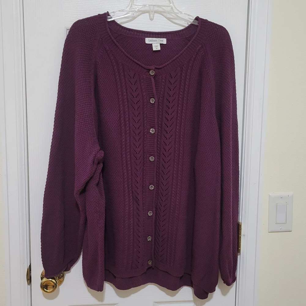 Coldwater Creek Plum Purple Cotton Pointelle Button Front Cardigan Sweater 3X